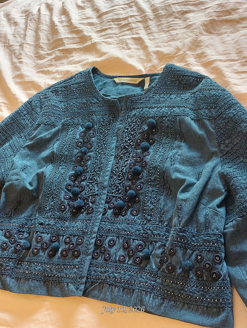 Soft Surroundings Teal Blue Embroidered Top